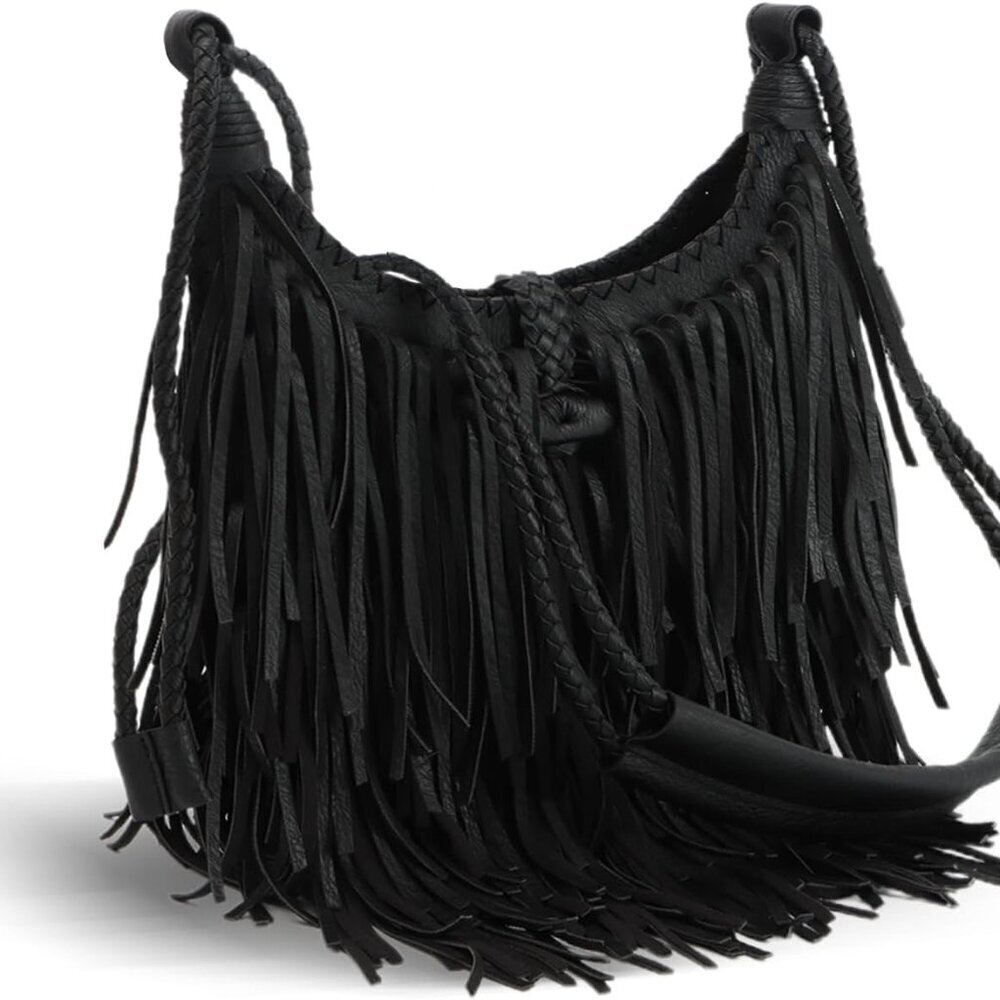 Vegan Faux Suede Fringe Hobo Bag Crossbody Tassel Purse for Women